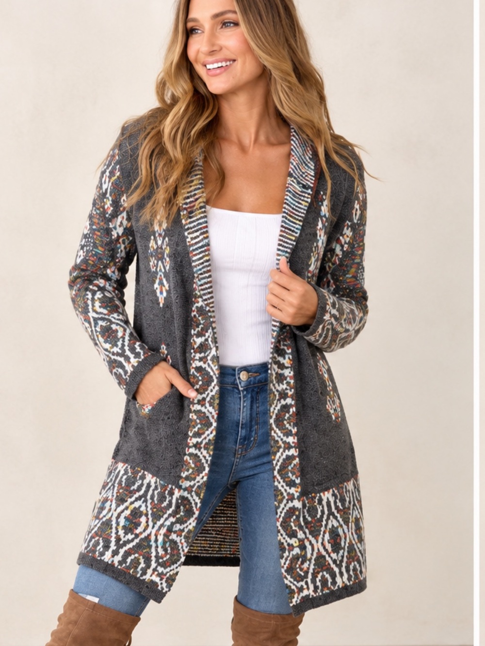 S146 On Blue Cozy Rainbow Aztec Boho Western Hoodie Cardigan